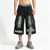 Vintage Washed Leopard Cross Embroidery Patchwork Pants | Distressed Ripped Cropped Jeans | OEM Streetwear