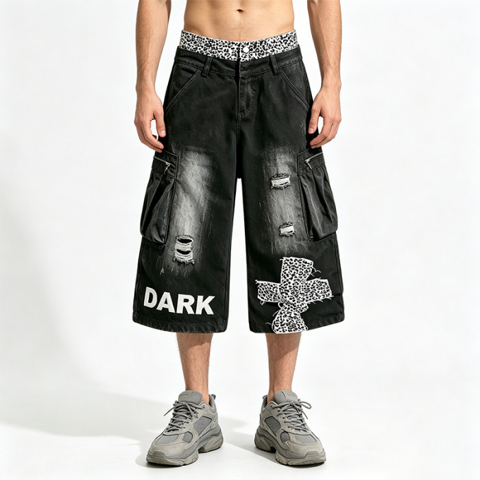Vintage Washed Leopard Cross Embroidery Patchwork Pants | Distressed Ripped Cropped Jeans | OEM Streetwear