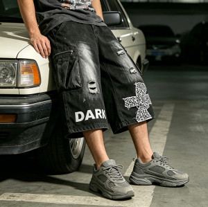 Vintage Washed Leopard Cross Embroidery Patchwork Pants | Distressed Ripped Cropped Jeans | OEM Streetwear