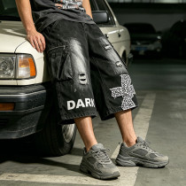 Vintage Washed Leopard Cross Embroidery Patchwork Pants | Distressed Ripped Cropped Jeans | OEM Streetwear