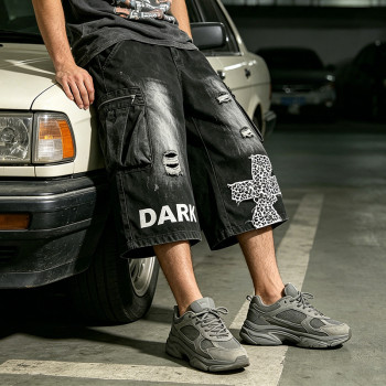 Vintage Washed Leopard Cross Embroidery Patchwork Pants | Distressed Ripped Cropped Jeans | OEM Streetwear