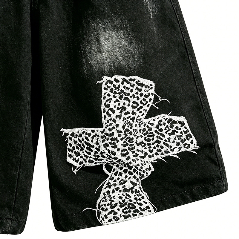 Vintage Washed Leopard Cross Embroidery Patchwork Pants