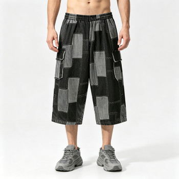 Washed and Patchwork Vintage Cropped Pants | 100% Cotton Wide Leg Baggy Denim Shorts | OEM Streetwear