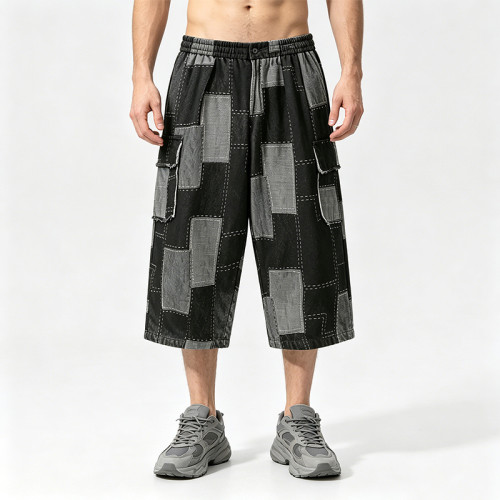 Washed and Patchwork Vintage Cropped Pants | 100% Cotton Wide Leg Baggy Denim Shorts | OEM Streetwear