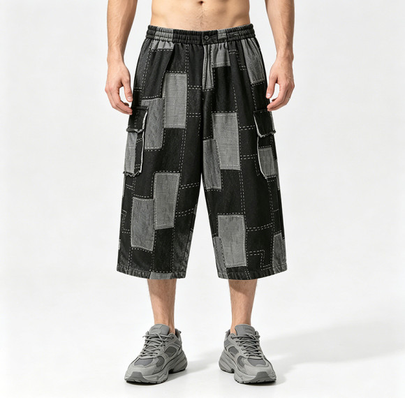 Washed and Patchwork Vintage Cropped Pants | 100% Cotton Wide Leg Baggy Denim Shorts | OEM Streetwear