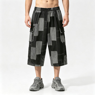 Washed and Patchwork Vintage Cropped Pants | 100% Cotton Wide Leg Baggy Denim Shorts | OEM Streetwear