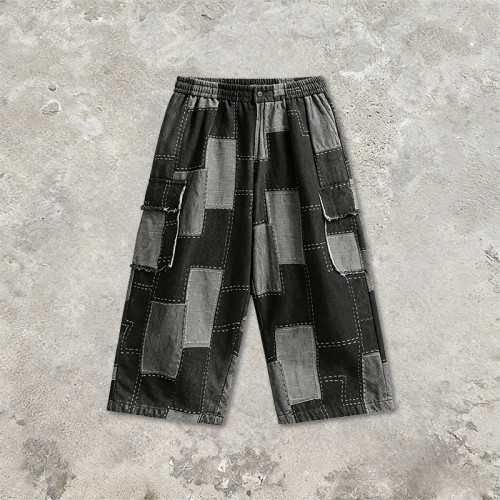 Washed and Patchwork Vintage Cropped Pants | 100% Cotton Wide Leg Baggy Denim Shorts | OEM Streetwear