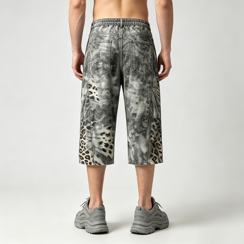 Washed Spray dye Heat Transfer Print Cropped shorts | Distressed Ripped Leopard Baggy Pants | Custom Streetwear