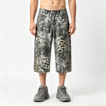 Washed Spray dye Heat Transfer Print Cropped shorts | Distressed Ripped Leopard Baggy Pants | Custom Streetwear