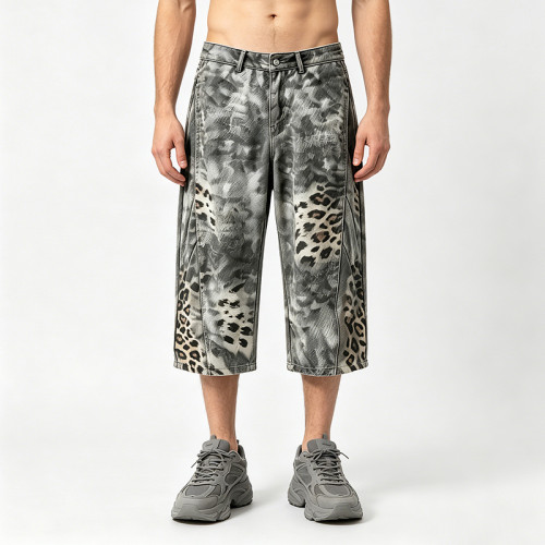 Washed Spray dye Heat Transfer Print Cropped shorts | Distressed Ripped Leopard Baggy Pants | Custom Streetwear