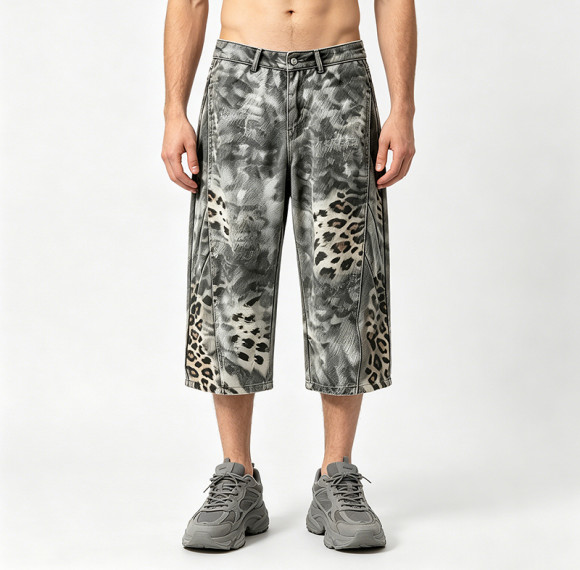 Washed Spray dye Heat Transfer Print Cropped shorts | Distressed Ripped Leopard Baggy Pants | Custom Streetwear