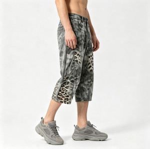 Washed Spray dye Heat Transfer Print Cropped shorts | Distressed Ripped Leopard Baggy Pants | Custom Streetwear