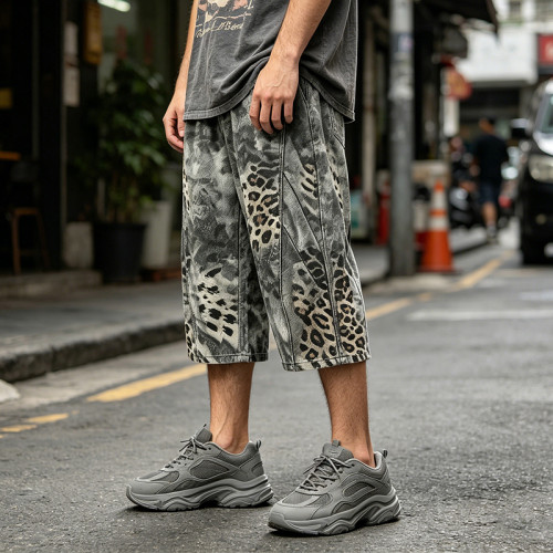 Washed Spray dye Heat Transfer Print Cropped shorts | Distressed Ripped Leopard Baggy Pants | Custom Streetwear