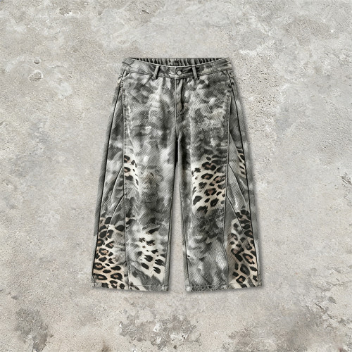 Washed Spray dye Heat Transfer Print Cropped shorts | Distressed Ripped Leopard Baggy Pants | Custom Streetwear