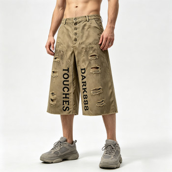 Applique Washed Spray Dye Vintage Cargo Pants | Distressed Ripped Capri Shorts | Streetwear Manufacturer