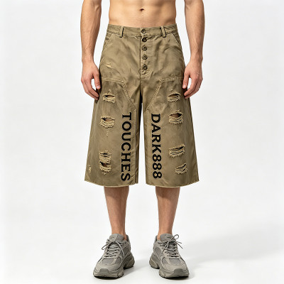 Applique Washed Spray Dye Vintage Cargo Pants | Distressed Ripped Capri Shorts | Streetwear Manufacturer