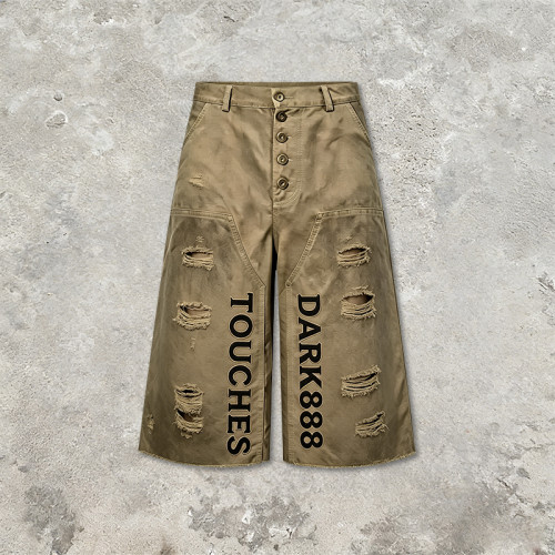 Applique Washed Spray Dye Vintage Cargo Pants | Distressed Ripped Capri Shorts | Streetwear Manufacturer