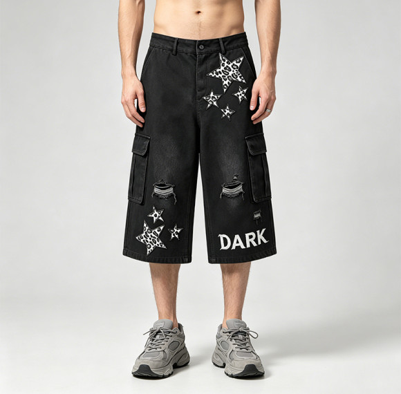Washed Spray Dye Applique Star Patchwork Embroidery Cropped shorts | Distressed Ripped Black Cropped Pants | Custom Streetwear