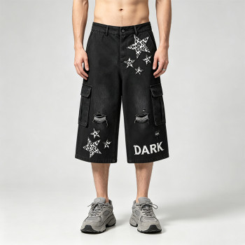 Washed Spray Dye Applique Star Patchwork Embroidery Cropped shorts | Distressed Ripped Black Cropped Pants | Custom Streetwear