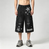 Washed Spray Dye Applique Star Patchwork Embroidery Cropped shorts | Distressed Ripped Black Cropped Pants | Custom Streetwear