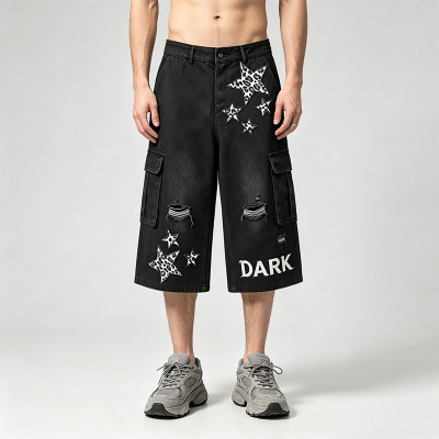 Washed Spray Dye Applique Star Patchwork Embroidery Cropped shorts | Distressed Ripped Black Cropped Pants | Custom Streetwear