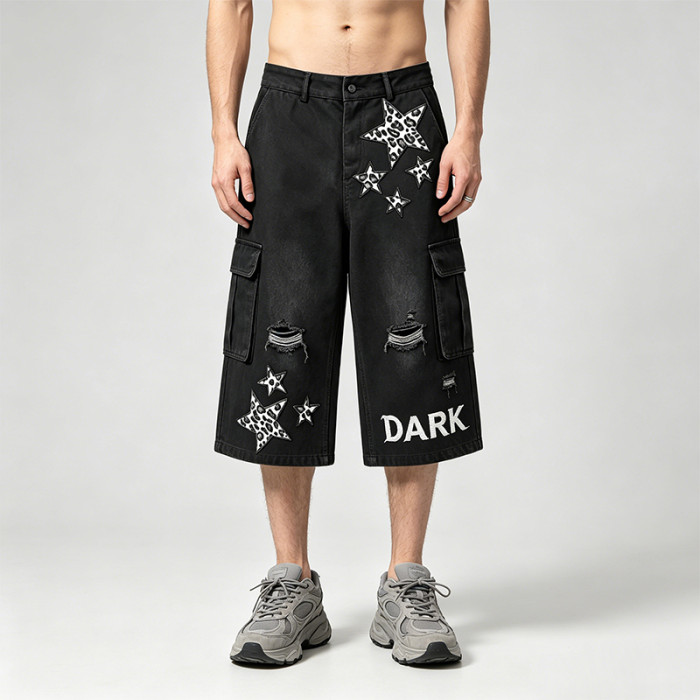 Washed Spray Dye Applique Star Patchwork Embroidery Cropped shorts | Distressed Ripped Black Cropped Pants | Custom Streetwear