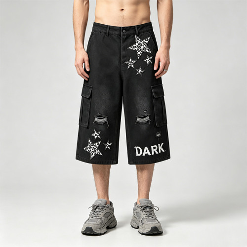 Washed Spray Dye Applique Star Patchwork Embroidery Cropped shorts | Distressed Ripped Black Cropped Pants | Custom Streetwear