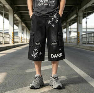 Washed Spray Dye Applique Star Patchwork Embroidery Cropped shorts | Distressed Ripped Black Cropped Pants | Custom Streetwear