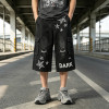 Washed Spray Dye Applique Star Patchwork Embroidery Cropped shorts | Distressed Ripped Black Cropped Pants | Custom Streetwear