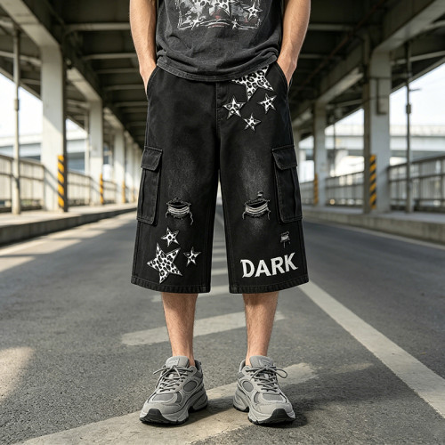 Washed Spray Dye Applique Star Patchwork Embroidery Cropped shorts | Distressed Ripped Black Cropped Pants | Custom Streetwear