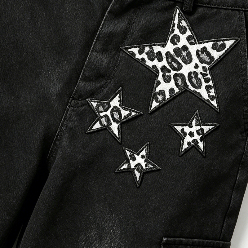 Washed Spray Dye Applique Star Patchwork Embroidery Cropped shorts