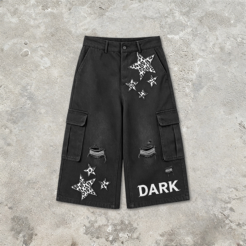 Washed Spray Dye Applique Star Patchwork Embroidery Cropped shorts