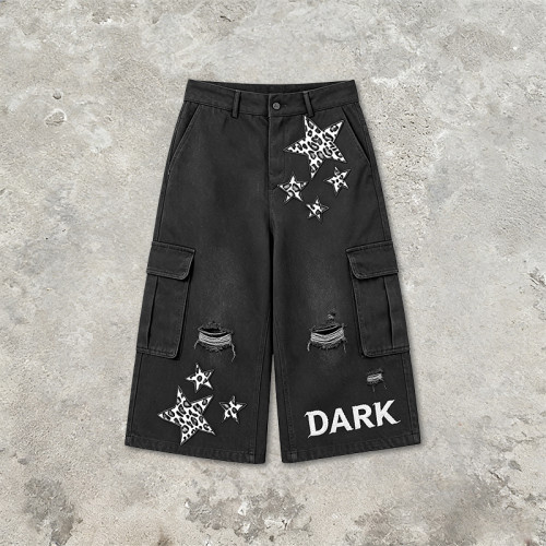 Washed Spray Dye Applique Star Patchwork Embroidery Cropped shorts | Distressed Ripped Black Cropped Pants | Custom Streetwear