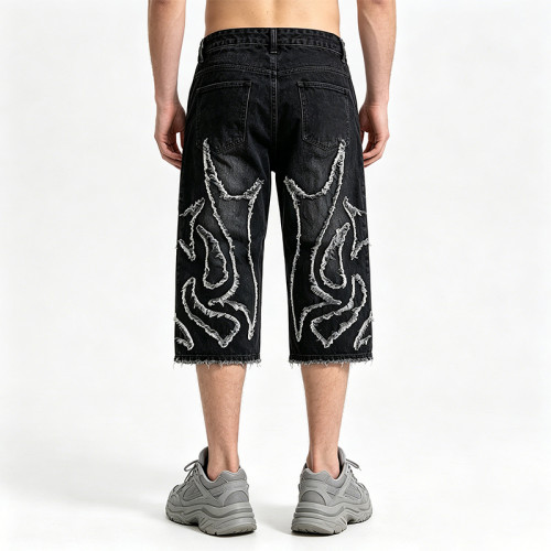 Applique Vintage Black Washed Spray Dye Cropped Pants | Distressed Ripped and Abrade | Custom Streetwear