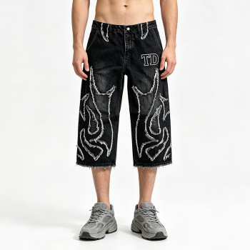 Applique Vintage Black Washed Spray Dye Cropped Pants | Distressed Ripped and Abrade | Custom Streetwear