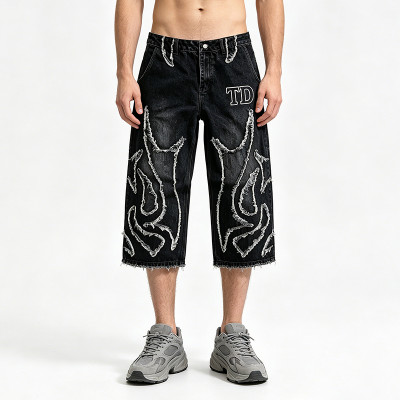 Applique Vintage Black Washed Spray Dye Cropped Pants | Distressed Ripped and Abrade | Custom Streetwear