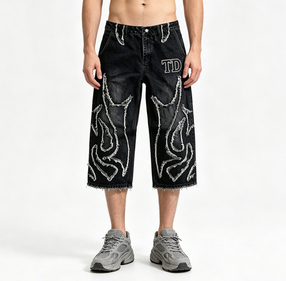 Applique Vintage Black Washed Spray Dye Cropped Pants | Distressed Ripped and Abrade | Custom Streetwear