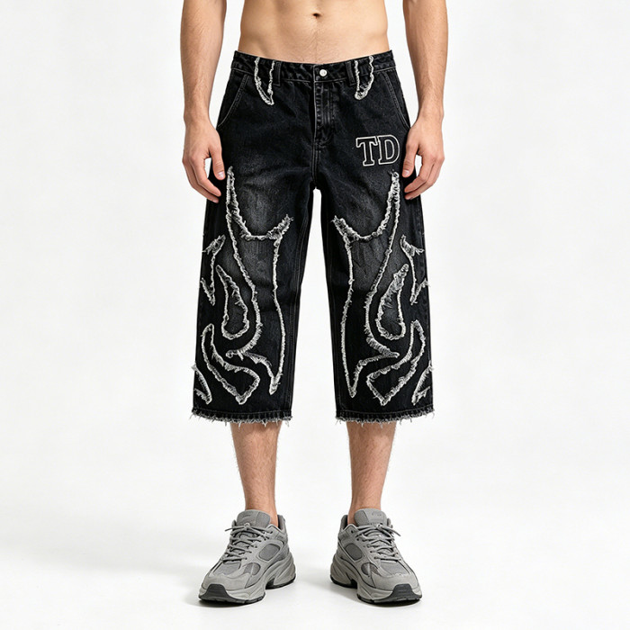 Applique Vintage Black Washed Spray Dye Cropped Pants | Distressed Ripped and Abrade | Custom Streetwear