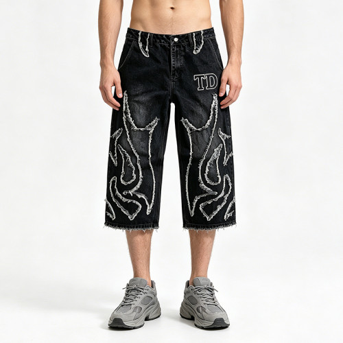Applique Vintage Black Washed Spray Dye Cropped Pants | Distressed Ripped and Abrade | Custom Streetwear