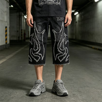 Applique Vintage Black Washed Spray Dye Cropped Pants | Distressed Ripped and Abrade | Custom Streetwear