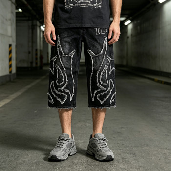 Applique Vintage Black Washed Spray Dye Cropped Pants | Distressed Ripped and Abrade | Custom Streetwear