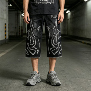 Applique Vintage Black Washed Spray Dye Cropped Pants | Distressed Ripped and Abrade | Custom Streetwear