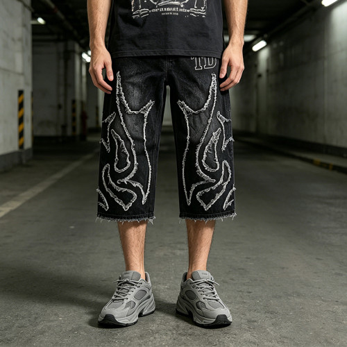 Applique Vintage Black Washed Spray Dye Cropped Pants | Distressed Ripped and Abrade | Custom Streetwear