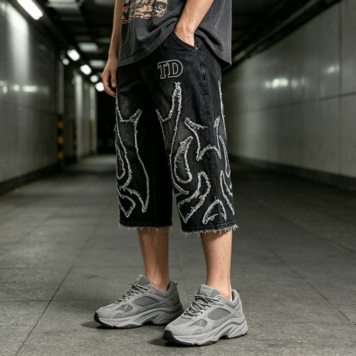 Applique Vintage Black Washed Spray Dye Cropped Pants | Distressed Ripped and Abrade | Custom Streetwear