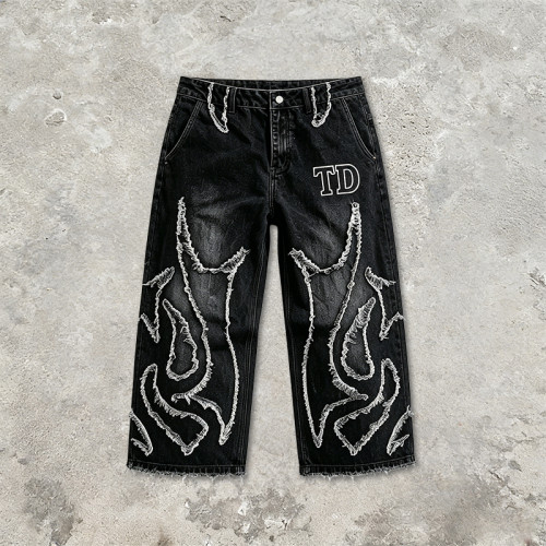 Applique Vintage Black Washed Spray Dye Cropped Pants | Distressed Ripped and Abrade | Custom Streetwear