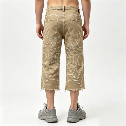 Washed Spiderweb Applique Cropped Pants | Distressed Ripped Streetwear Jeans | Custom Streetwear