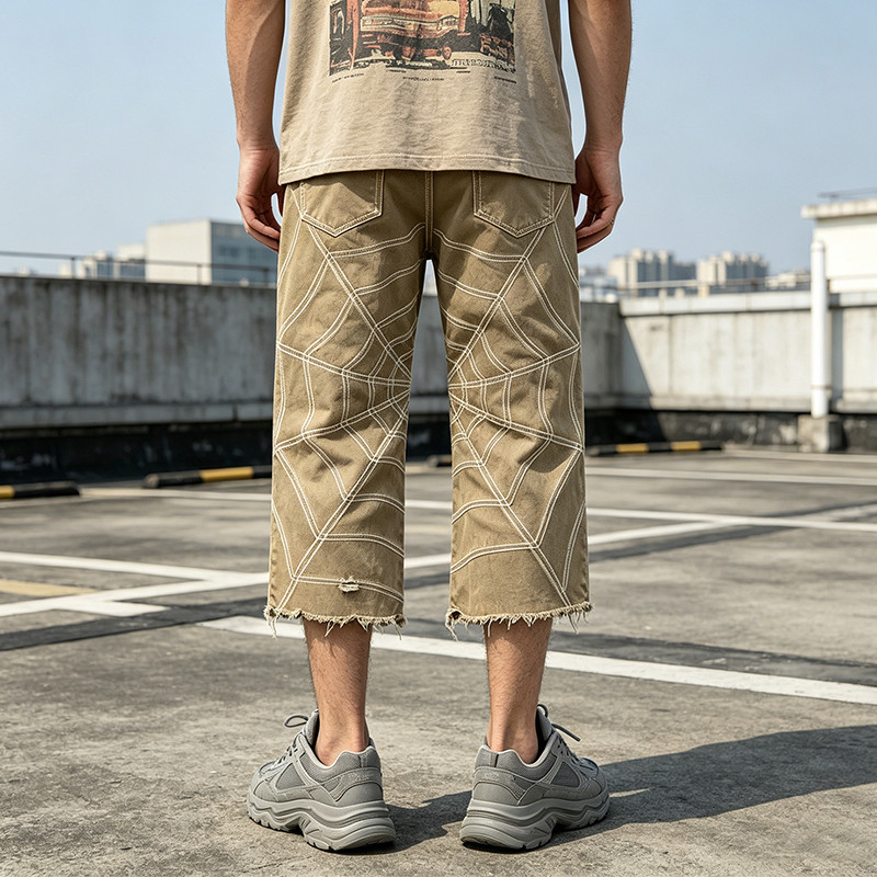 Washed Spiderweb Applique Cropped Pants
