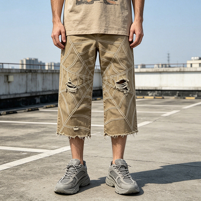 Washed Spiderweb Applique Cropped Pants