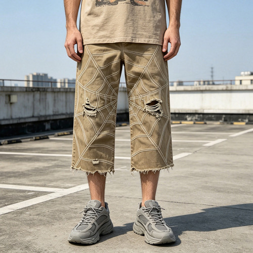 Washed Spiderweb Applique Cropped Pants | Distressed Ripped Streetwear Jeans | Custom Streetwear