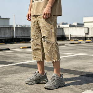 Washed Spiderweb Applique Cropped Pants | Distressed Ripped Streetwear Jeans | Custom Streetwear